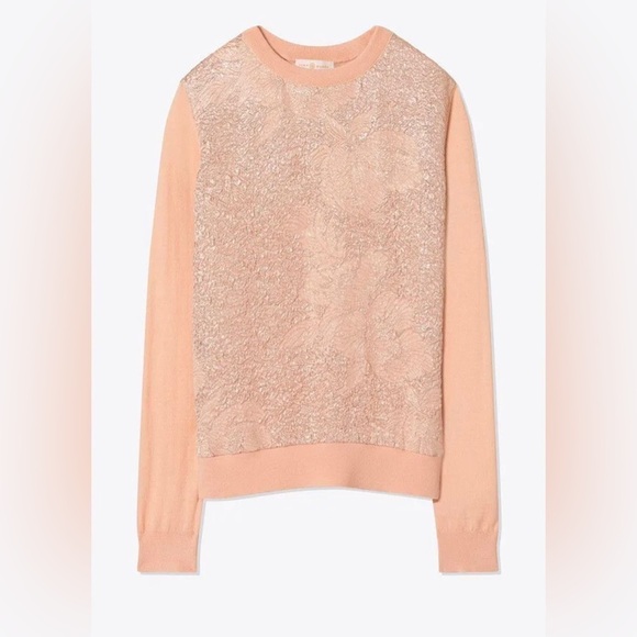 Tory Burch Peach Floral Cloque Front Crew neck Silk Wool Sweater sz Small - Picture 5 of 10
